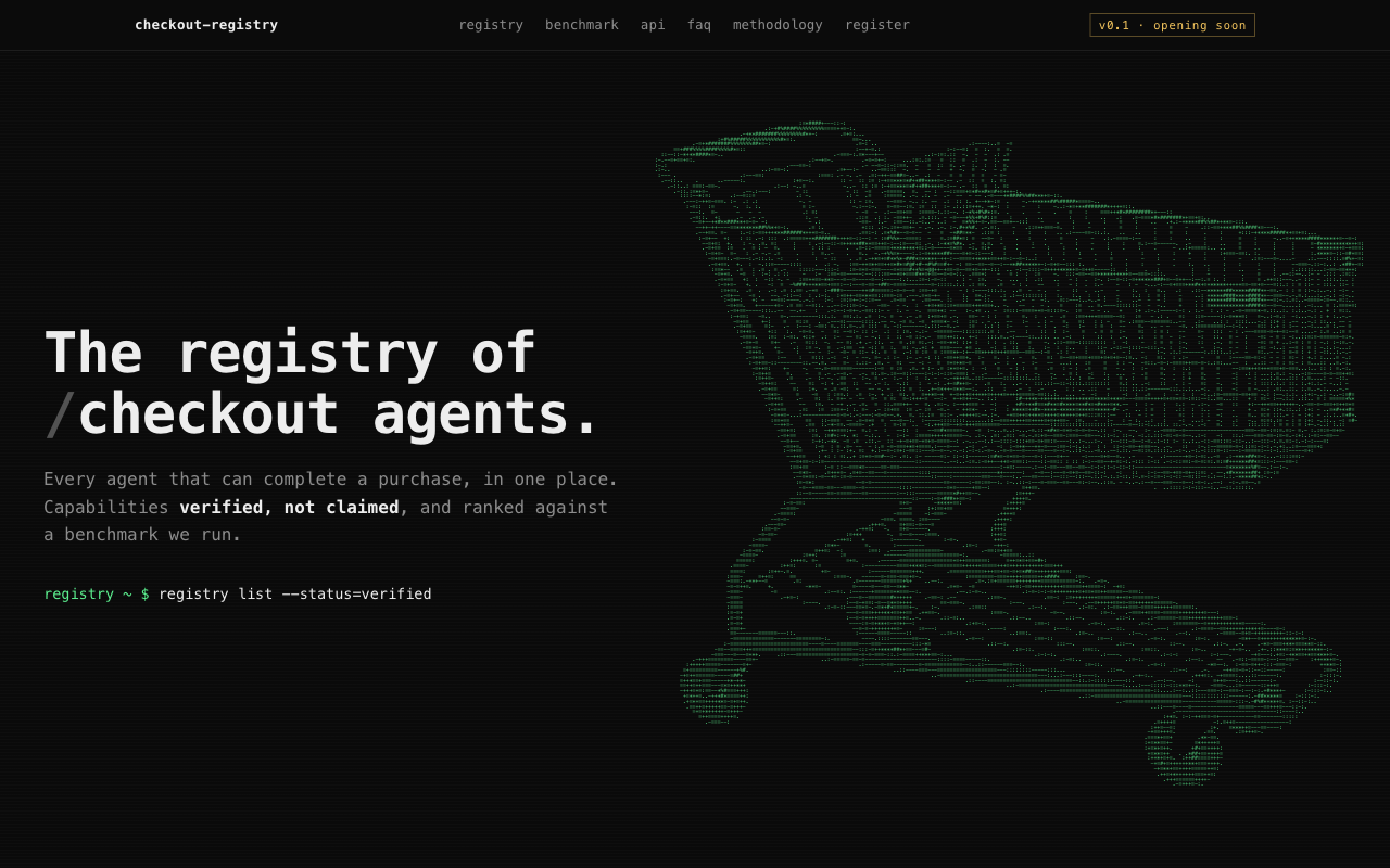Checkout Registry homepage — the independent registry of checkout agents in agentic commerce